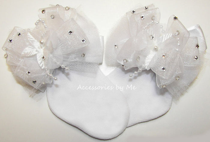Glitzy White Tutu Pearls Flower Bow Socks