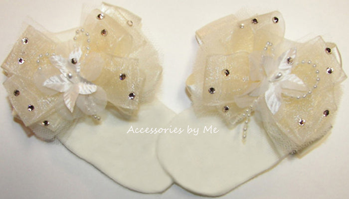 Glitzy Ivory Organza Satin Tutu Pearl Flower Bow Socks