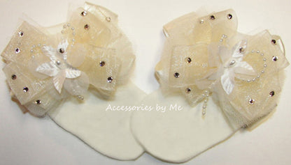 Glitzy Ivory Organza Satin Tutu Pearl Flower Bow Socks