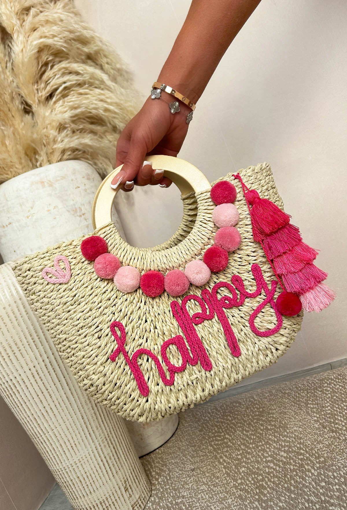 Grecian Glam Pink Embellished Straw Bag