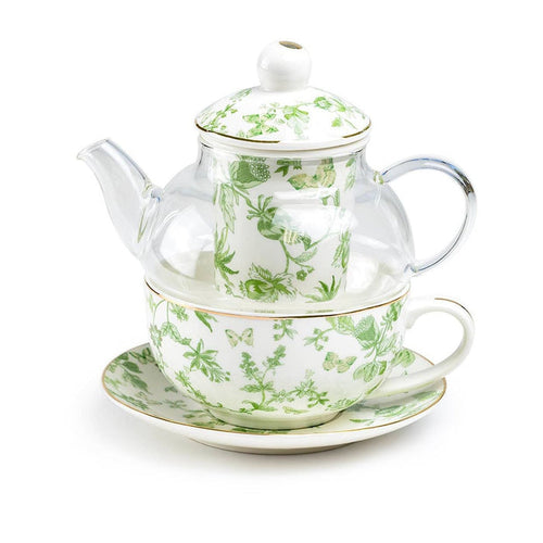 Tea set with a teapot, cup, and saucer featuring green floral patterns on a white background.