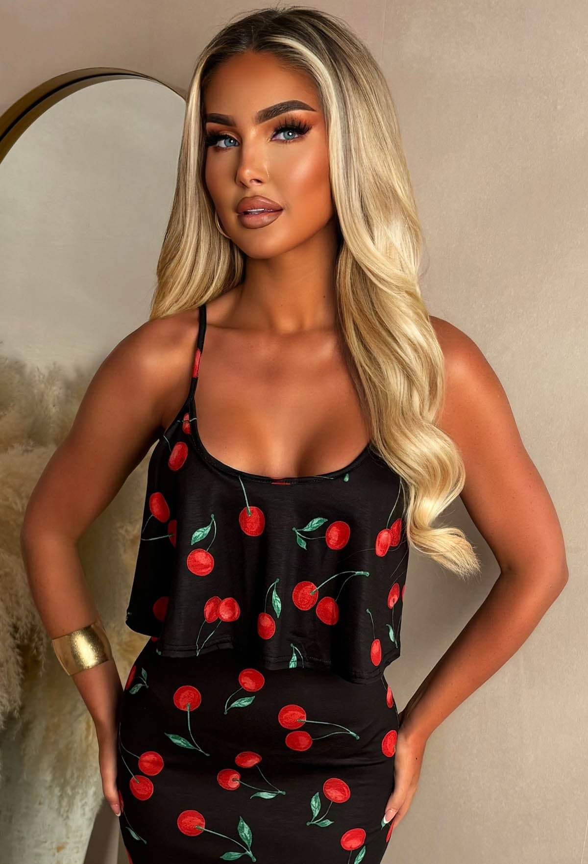 Heatwave Cherries Black Super Soft Comfort Jersey Frill Maxi Dress