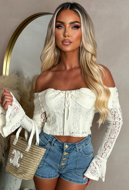 Heavenly Haze Cream Lace Off Shoulder Top