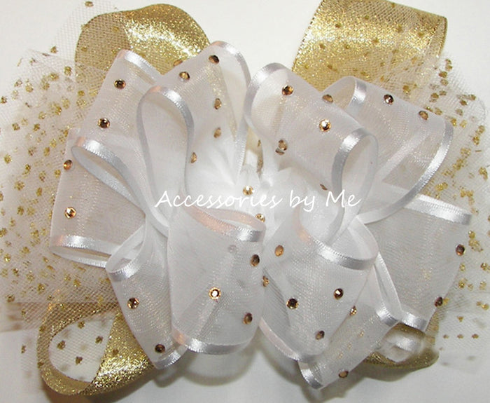 Glitzy White Gold Organza Metallic Tutu Hair Bow