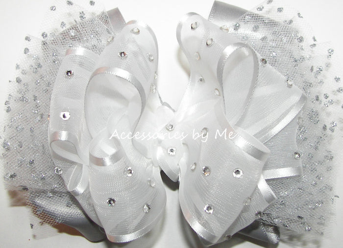 High Glitz White Silver Organza Satin Tulle Hair Bow