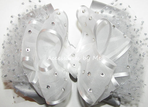 High Glitz White Silver Organza Satin Tulle Hair Bow