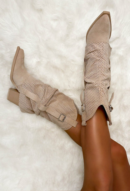 Hoedown Throwdown Beige Faux Suede Buckle Boots