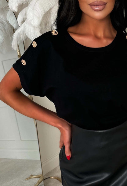 Holly Black Basic Gold Button T-shirt