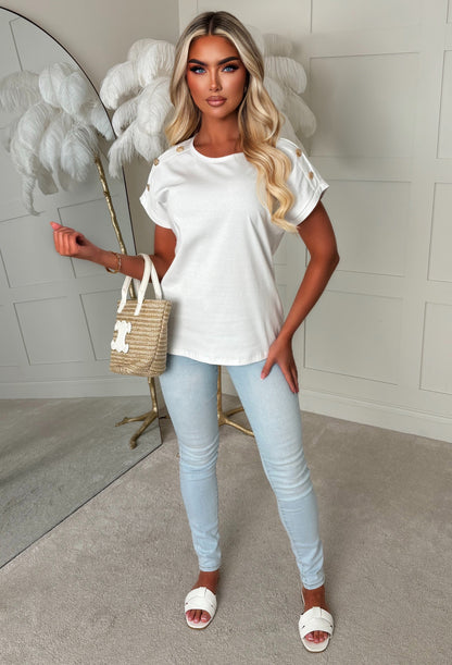 Holly White Basic Gold Button T-shirt