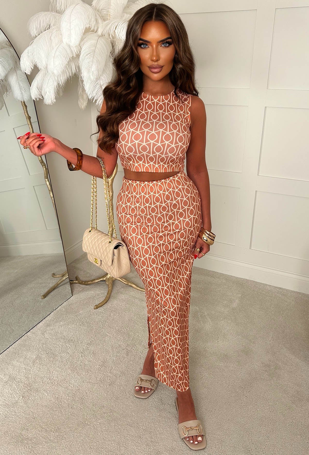 Honey Please Orange Geometric Print Ribbed Vest Top