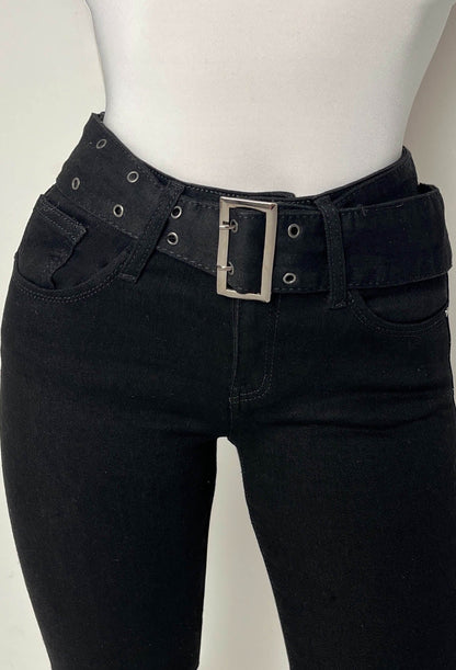 Hot As Hell Black Low Rise Stretch Belted Flare Jeans