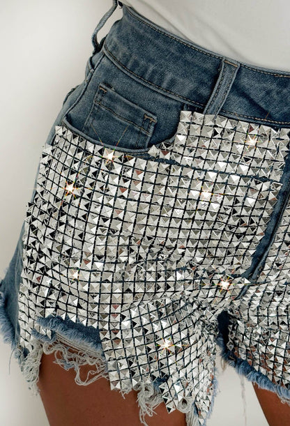 Hot Stud Mid Blue Stretch Studded Front Ripped Denim Shorts