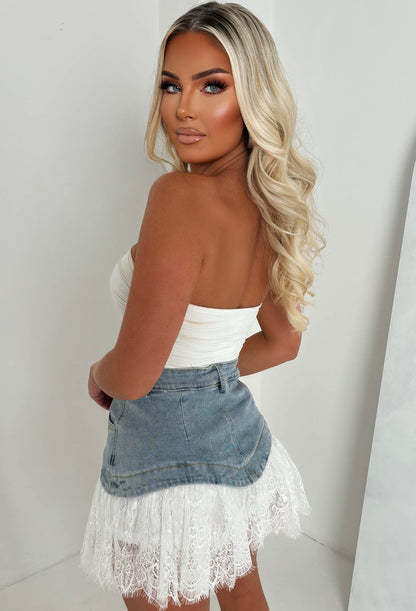 Ibiza It Girl Mid Wash Lace Detail Denim Mini Skirt