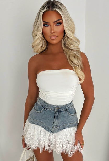 Ibiza It Girl Mid Wash Lace Detail Denim Mini Skirt