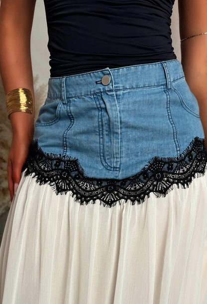 Iris Mid Blue Denim, Lace & Tulle Midi Skirt