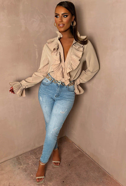 It Girl Stone Button Up Frill Blouse