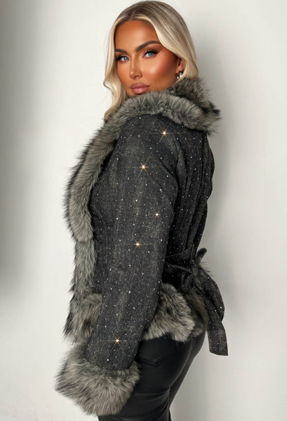It's A Scandal Grey Denim & Faux Fur Belted Jacket