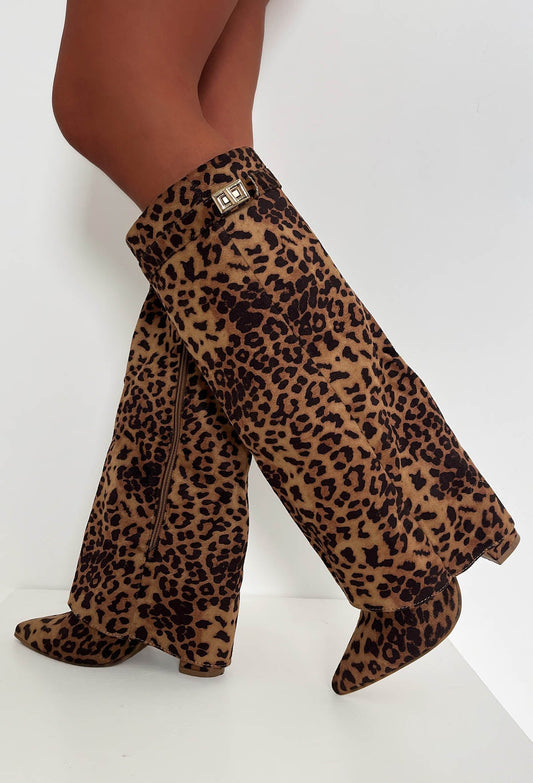 It's A Secret Tan Leopard Fold Over Knee High Lock Shark Boots