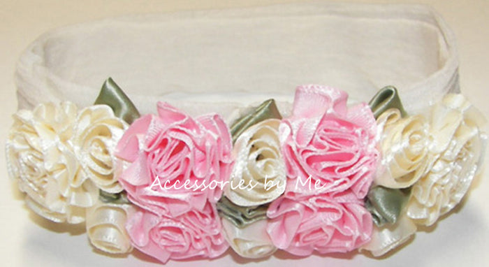 Frilly Ivory Pink Roses Floral Nylon Headband - Accessories by Me