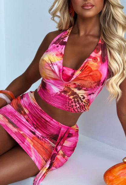 Jungle Darling Pink Mixed Floral Print Draped Skirt Co-ord Set