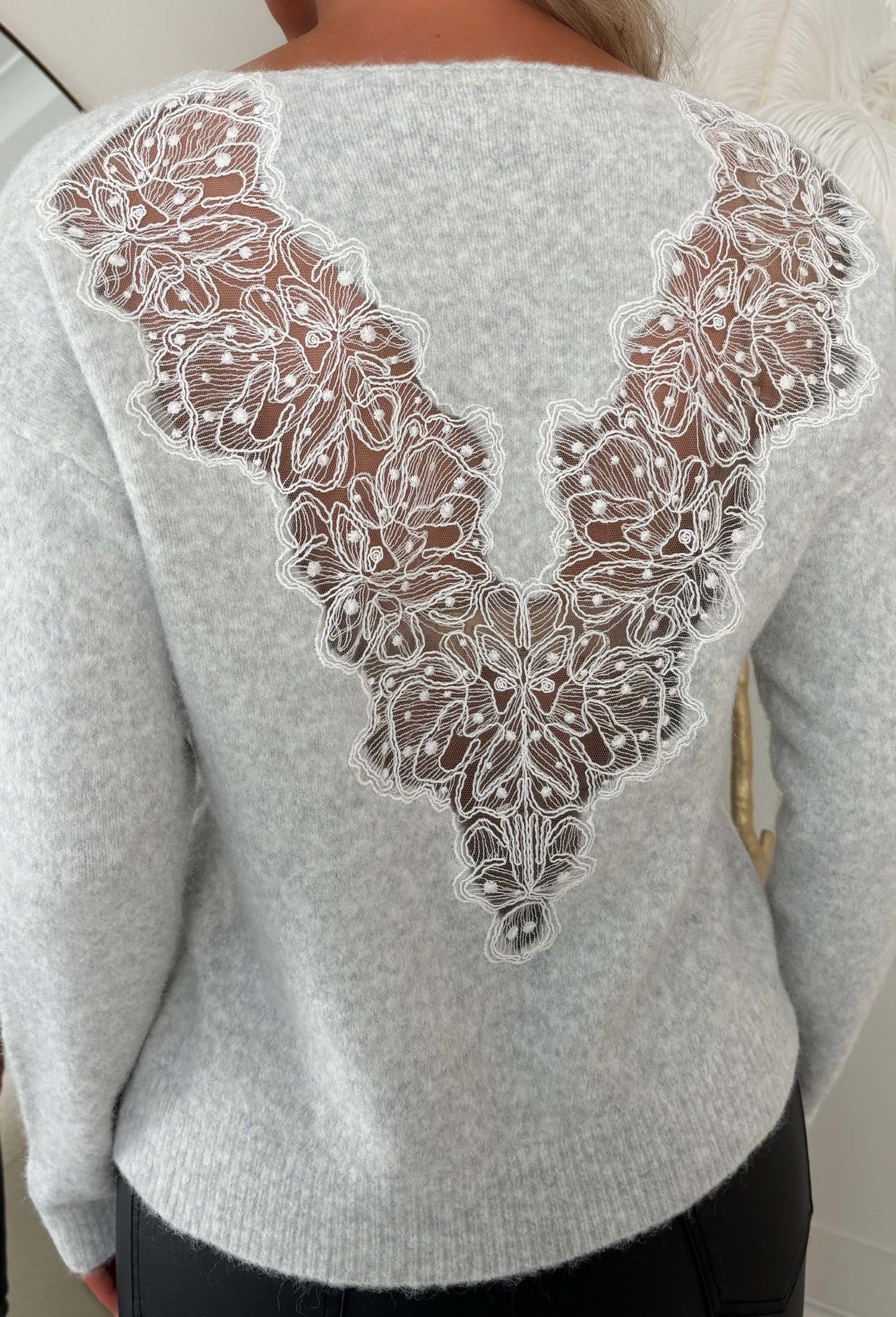 Just So Chic Grey Lace Back V Neck Jumper