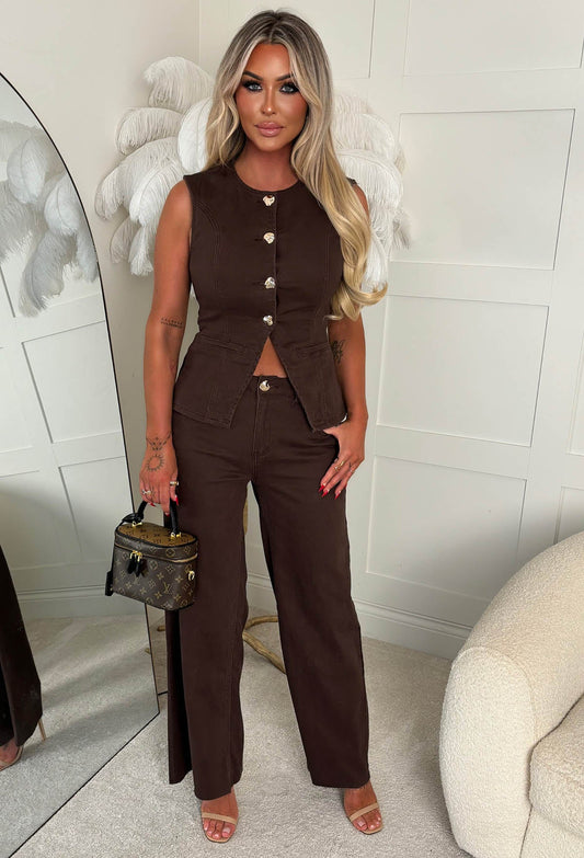 Just Too Cool Brown Stretch Denim Jeans & Waistcoat Co-ord Set