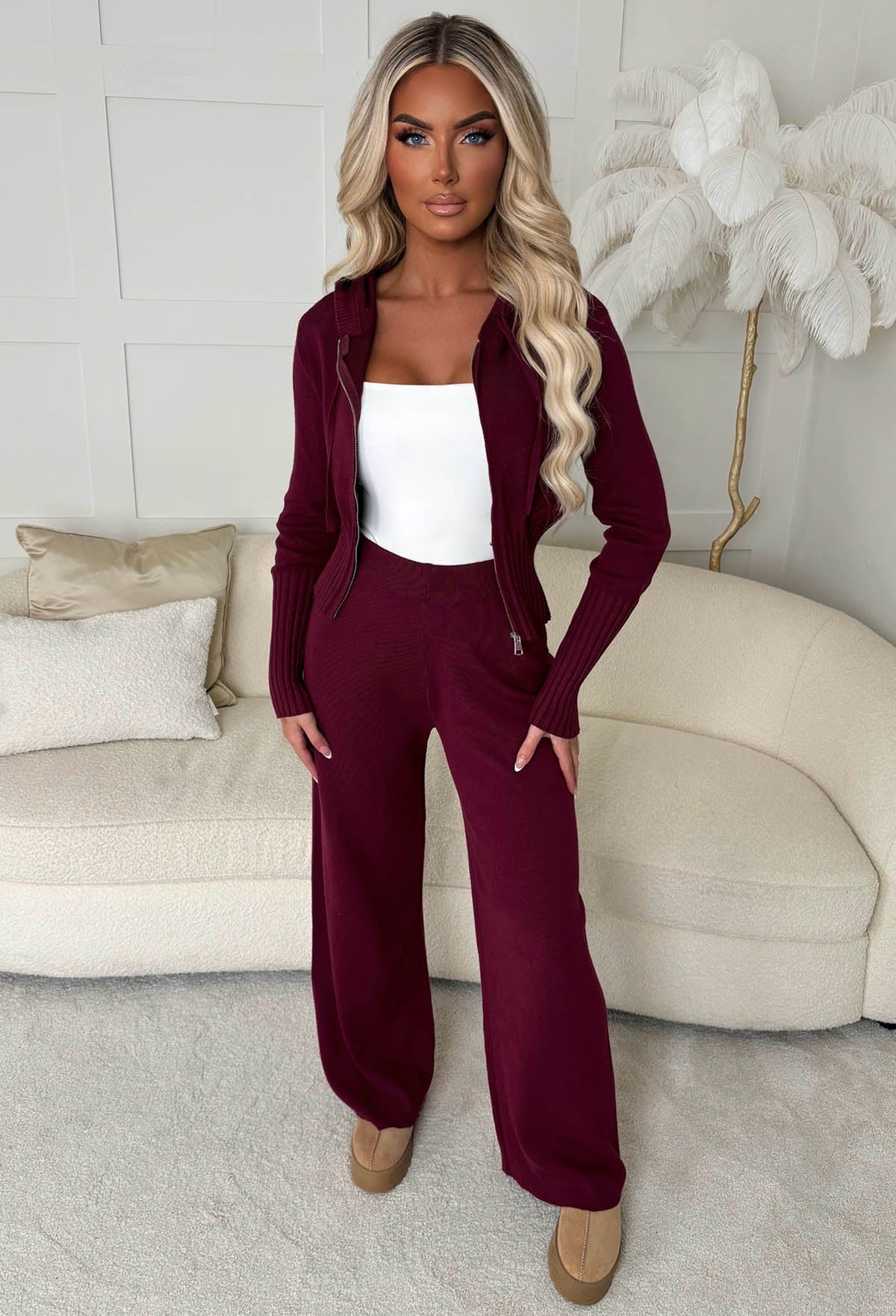 Kassie Burgundy Knitted Hoodie & Anabella Burgundy Trousers Set