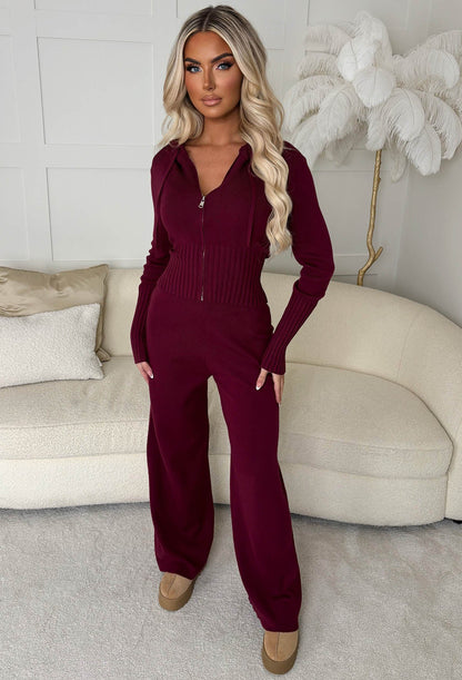 Kassie Burgundy Knitted Hoodie & Anabella Burgundy Trousers Set