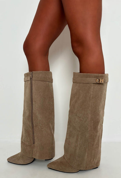 Keep It A Secret Taupe Faux Suede Fold Over Knee High Lock Shark Boots