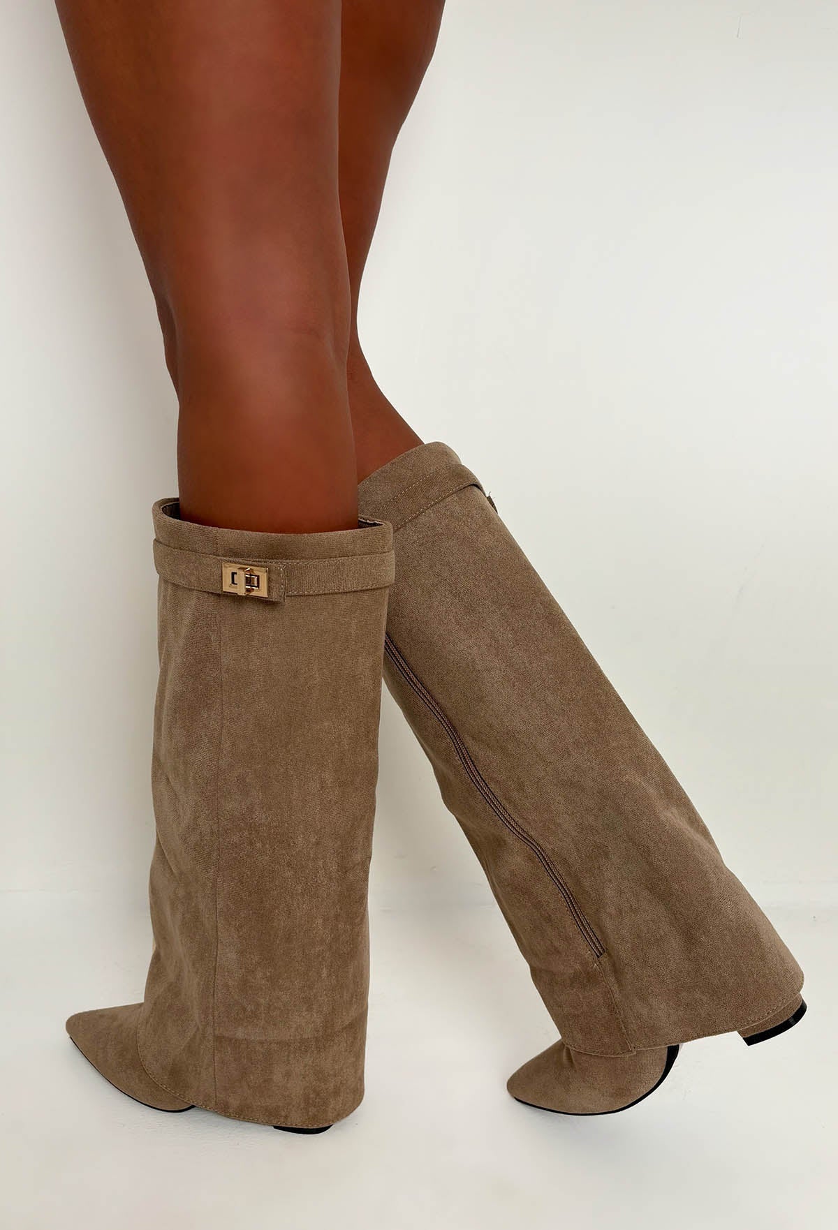 Keep It A Secret Taupe Faux Suede Fold Over Knee High Lock Shark Boots