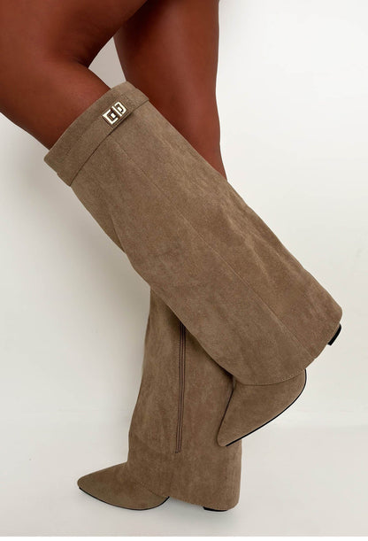 Keep It A Secret Taupe Faux Suede Fold Over Knee High Lock Shark Boots