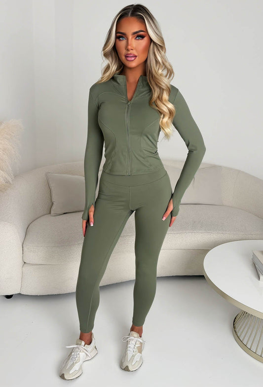 Keep On Moving Khaki Jacket & Leggings Athleisurewear Co-Ord Set