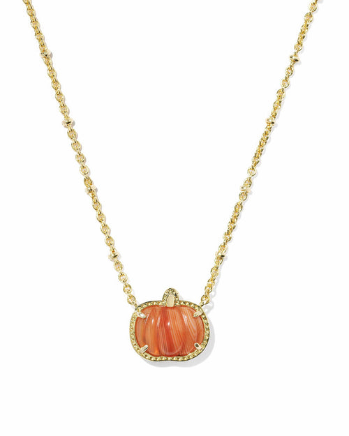 Kendra Scott Pumpkin Gold Short Pendant Necklace in Orange Banded Agate Pumpkin Necklace | Gold Fall & Halloween Pendant Necklaces