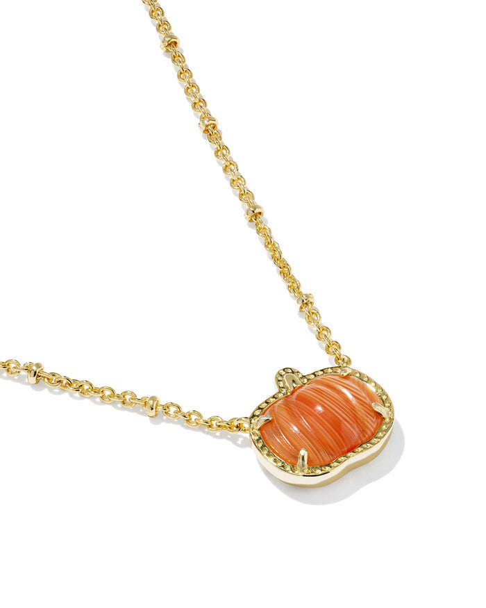 Kendra Scott Pumpkin Gold Short Pendant Necklace in Orange Banded Agate Pumpkin Necklace | Gold Fall & Halloween Pendant Necklaces