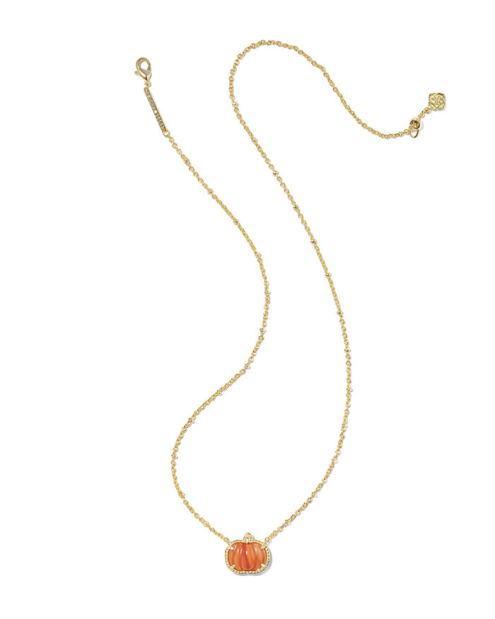 Kendra Scott Pumpkin Gold Short Pendant Necklace in Orange Banded Agate Pumpkin Necklace | Gold Fall & Halloween Pendant Necklaces