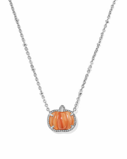 Kendra Scott Pumpkin Silver Short Pendant Necklace in Orange Banded Agate Pumpkin Necklace | Silver Fall & Halloween Pendant Necklaces