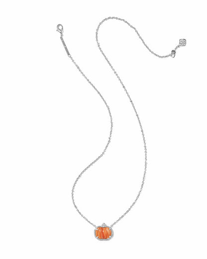 Kendra Scott Pumpkin Silver Short Pendant Necklace in Orange Banded Agate Pumpkin Necklace | Silver Fall & Halloween Pendant Necklaces