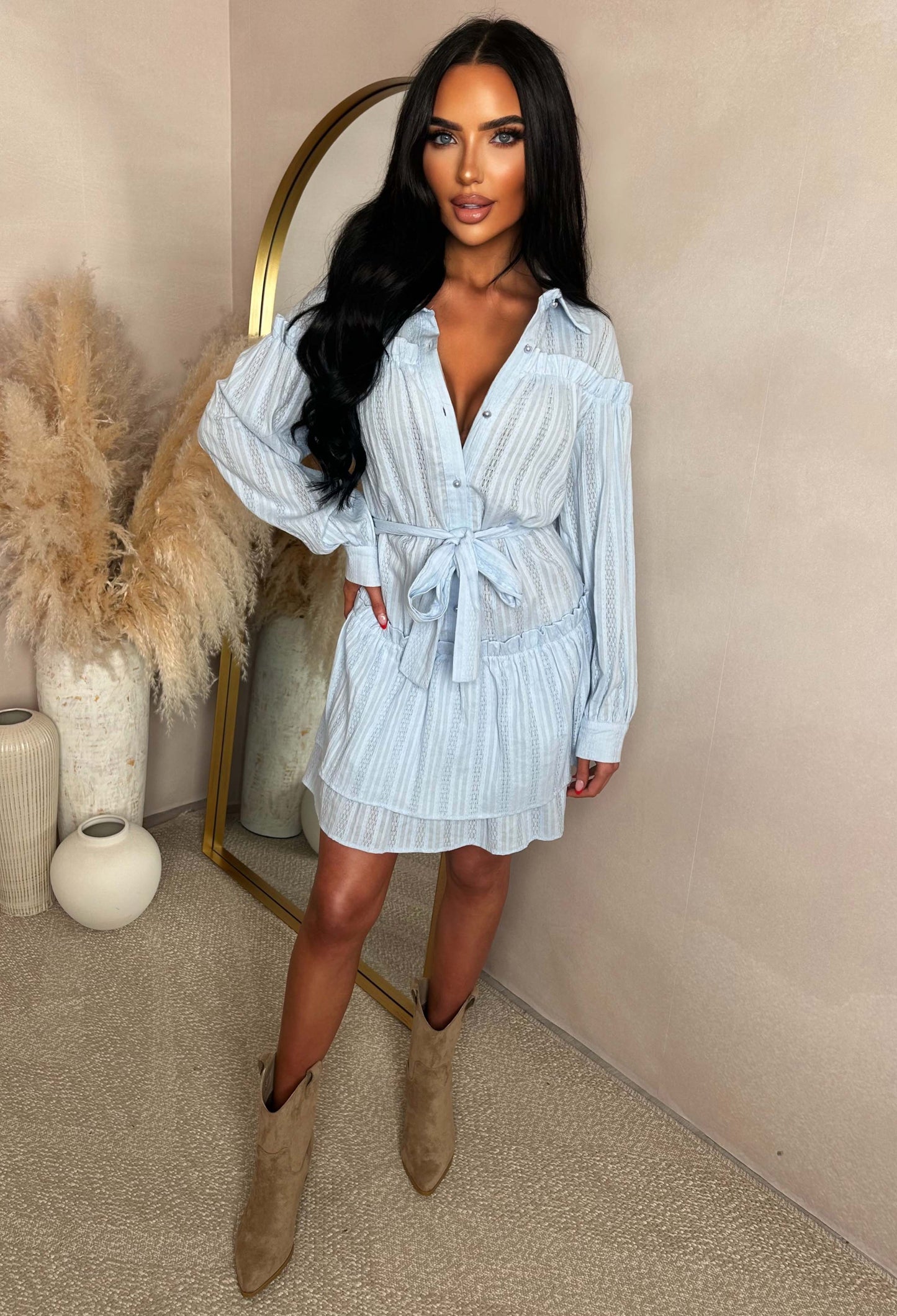 Kiss Me Sweetheart Blue Ruffle Mini Dress With Tied Bow