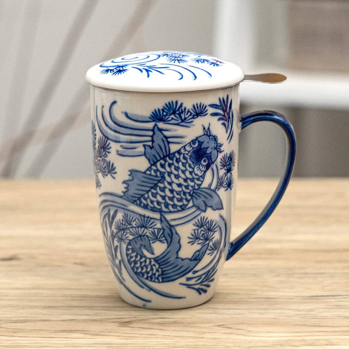 Koi Fish Design 15oz Tea Mugs with Lid and Infuser for Loose Leaf Tea