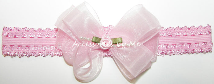 Light Pink Organza Pearls Rosette Bow Headband