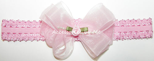 Light Pink Organza Pearls Rosette Bow Headband