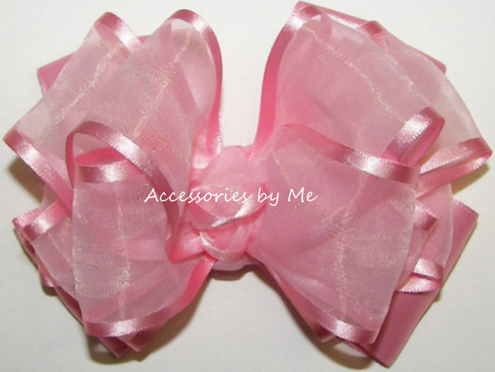 Light Pink Organza Satin Trim Hair Bow