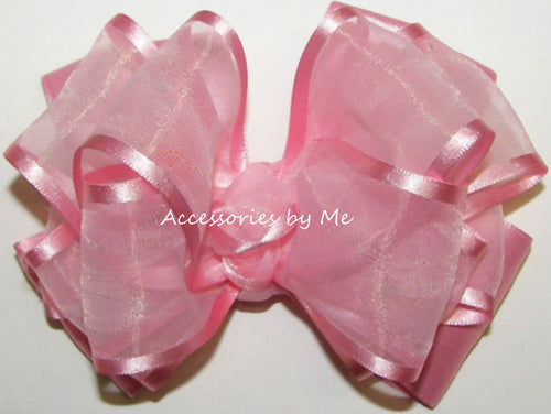 Light Pink Organza Satin Trim Hair Bow