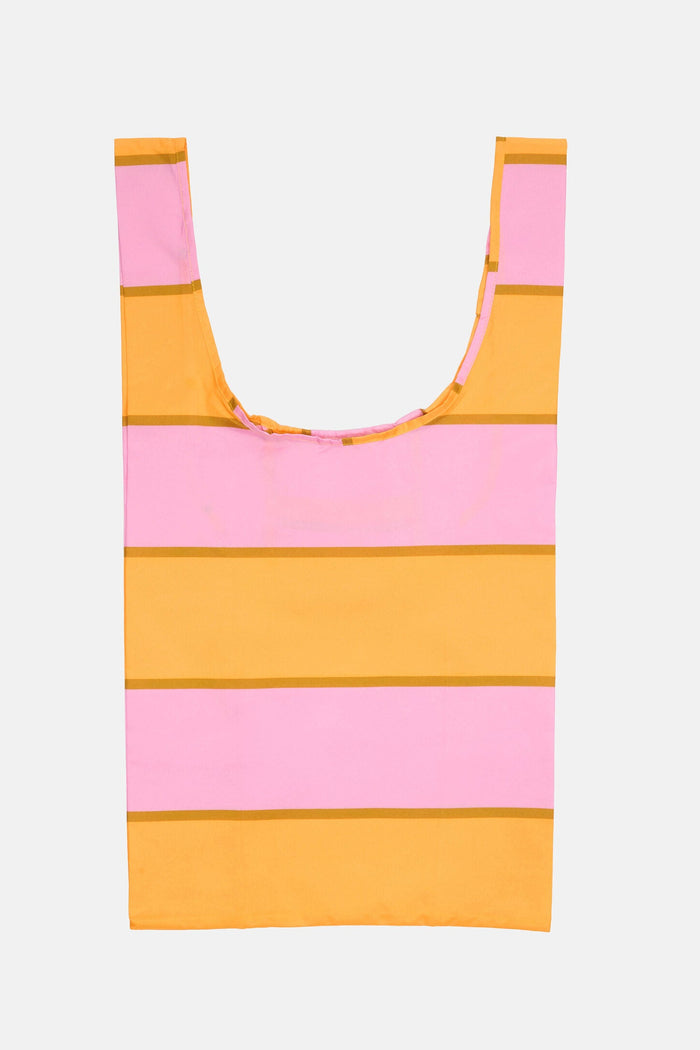 Reusable bag with pink and yellow striped pattern on a white background