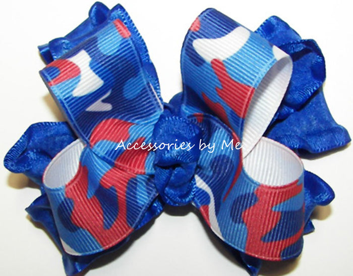 Patriotic Camo Red White Blue Ruffle Hair Bow