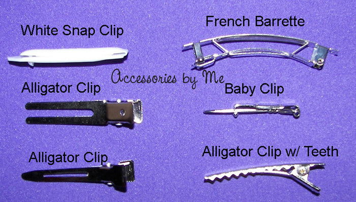 Collection of hair accessories including white snap clip, French barrette, alligator clips, and baby clip on a purple background.