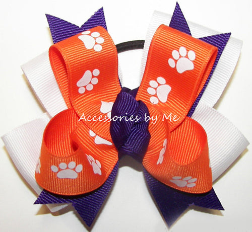 Paw Print Orange Purple White Ponytail Bow