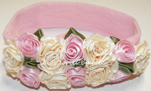 Frilly Ivory Pink Roses Floral Nylon Headband - Accessories by Me