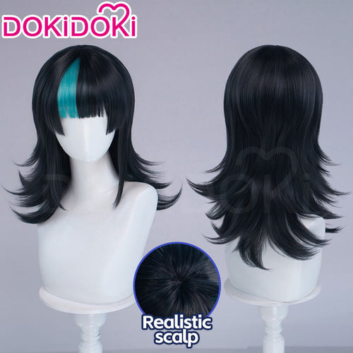 【Ready For Ship】DokiDoki Anime Cosplay Wig Long Curly Black Cyan Highlight Hair