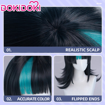 【Ready For Ship】DokiDoki Anime Cosplay Wig Long Curly Black Cyan Highlight Hair